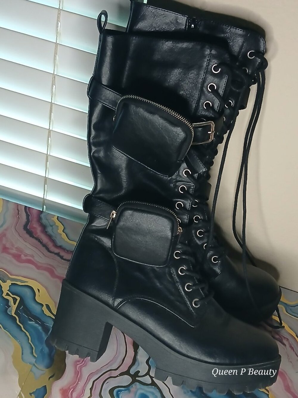 Knee High Combat Pocket Boots Black Platform Chunky Heel